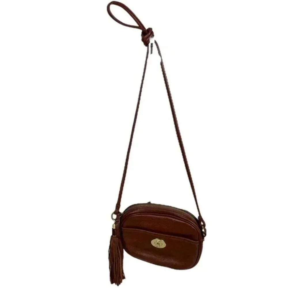 Vintage Y2K Tommy Hilfiger Tassle Genuine Leather Crossbody Handbag Brown